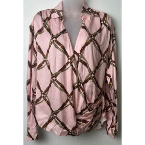 Jonathan Simkhai Pink Printed Equestrian Faux Wrap Top Sz M Long Sleeves D1